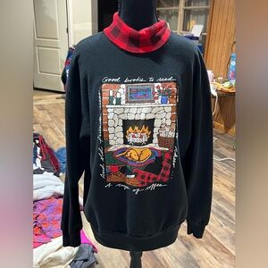 Charming Black Crewneck Sweater with Fireplace Design